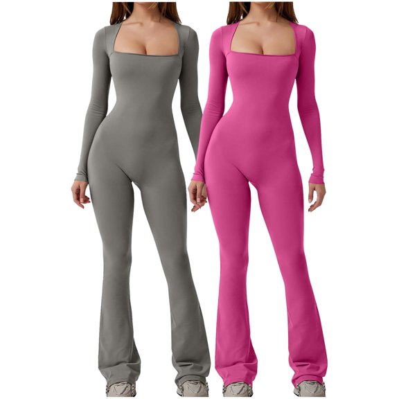 Olyvenn Womens Long Sleeve Jumpsuits Flare Sexy Square Neck Slim Flare Leg Full Length Flare Romper Casual Solid Bodycon Playsuit Hot Pink 6