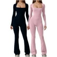 thumbnail image 1 of Olyvenn Womens Long Sleeve Jumpsuits Flare Sexy Square Neck Slim Flare Leg Full Length Flare Romper Casual Solid Bodycon Playsuit Pink 6, 1 of 5