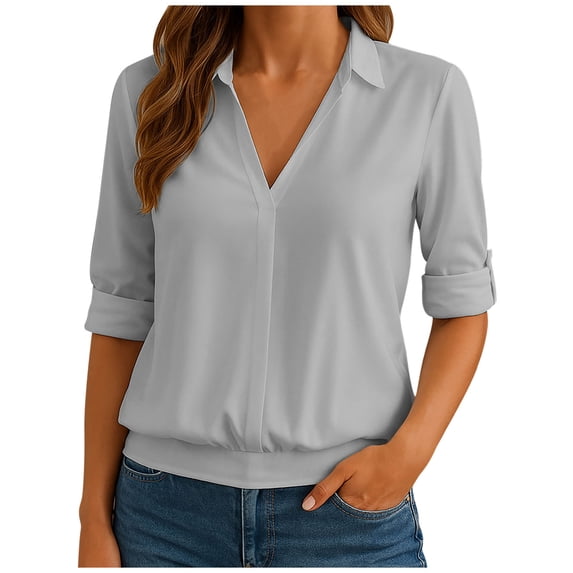 Olyvenn Womens Long Sleeve Pullover Shirts V Neck Lapel Collar Dressy Tops Business Casual Solid Color Work Trendy Blouses Gray L