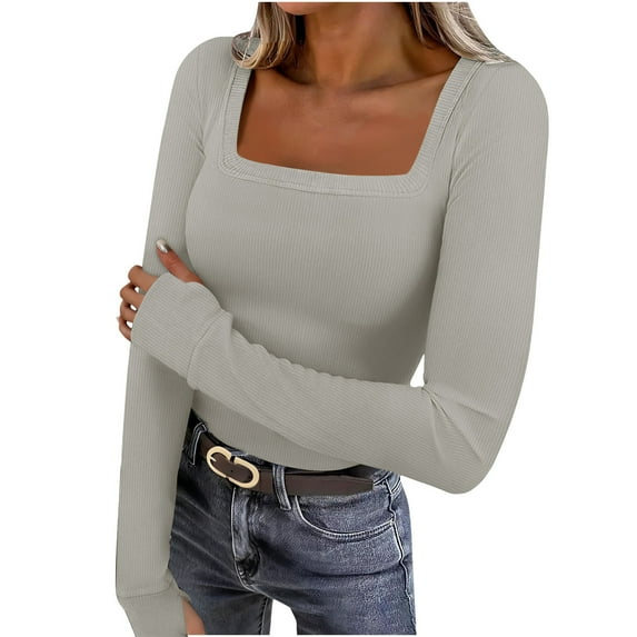 Olyvenn Womens Long Sleeve Shirts Crop Tops Spring Fashion 2026 Square Neck Going Out Basics Tees Y2k Clothes Gray XL
