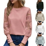 OLYVENN Womens Long Sleeve Shirts Lace Top Dressy Business Casual Blouses Spring Fashion Outfits Clothes Waffle Puff Sleeve Tops Beige 10