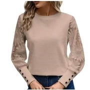 OLYVENN Womens Long Sleeve Shirts Lace Top Dressy Business Casual Blouses Spring Fashion Outfits Clothes Waffle Puff Sleeve Tops Beige 10