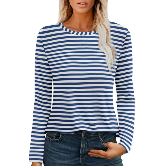 Olyvenn Womens Long Sleeve T Shirts Spring Fashion Tops Comfy Basic Tees Plain Tshirts 2024 Striped Dressy Casual Tops Blue 10