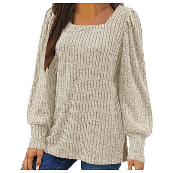 Olyvenn Womens Long Sleeve Tops Shirt Square Neck Knit Plus Size Tops Trendy Puff Sleeve Tunics or Tops Elegant Going Out Tops Khaki 6