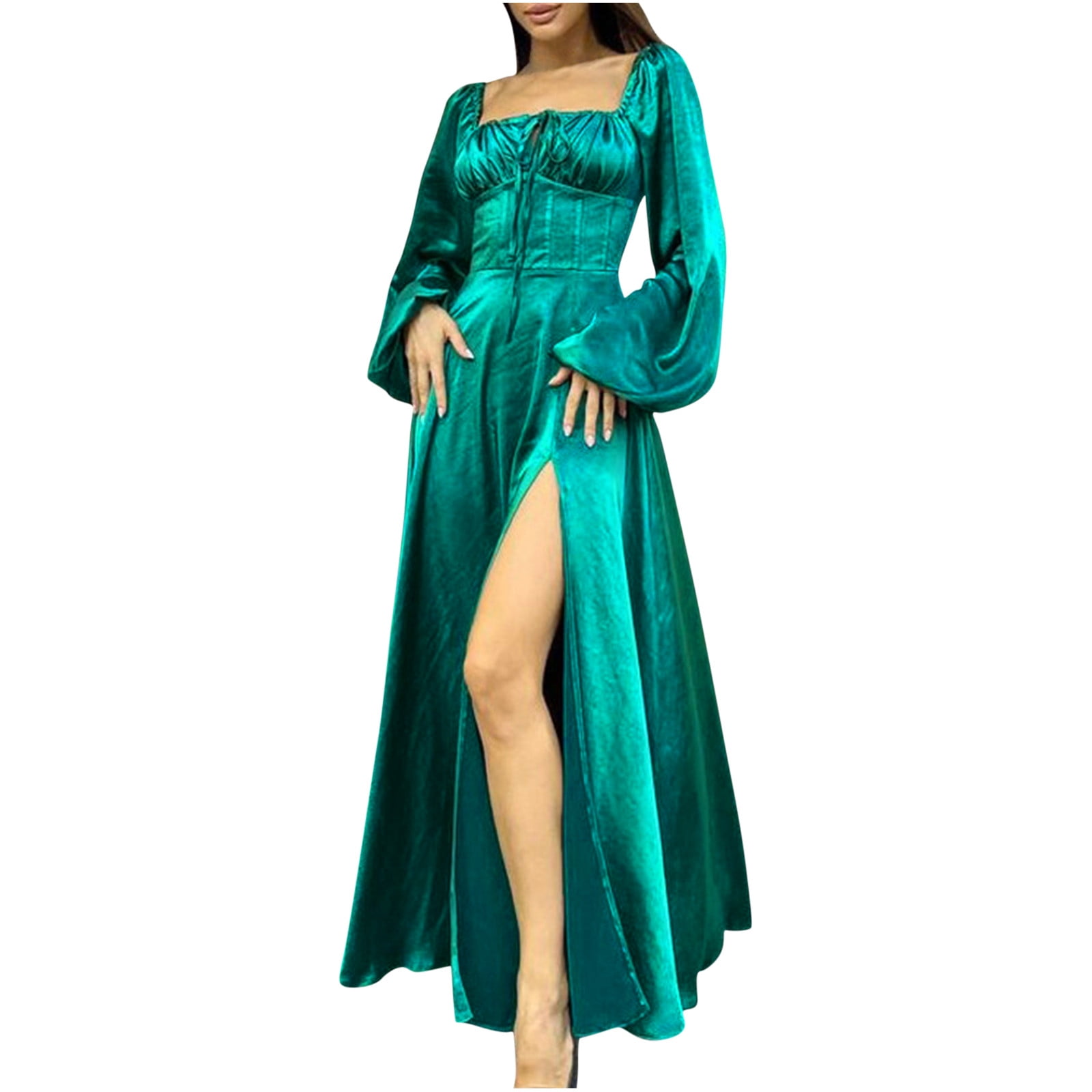 Olyvenn Womens Long Split Court Dress Drawstring Square Neck Blouse