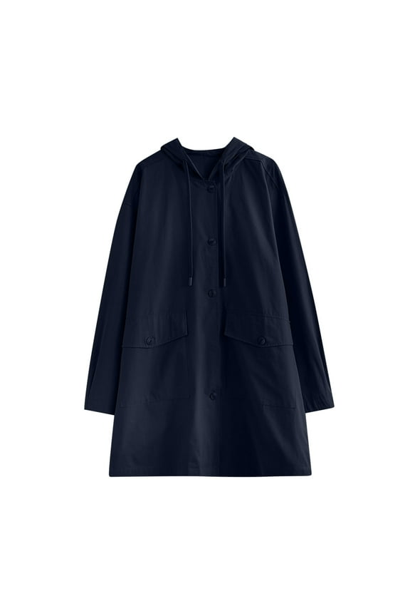 Womens Long Trench Coat Single Breasted Oversized Windproof Overcoat Fashion Outerwear Long Sleeved Hooded Jacket Black M