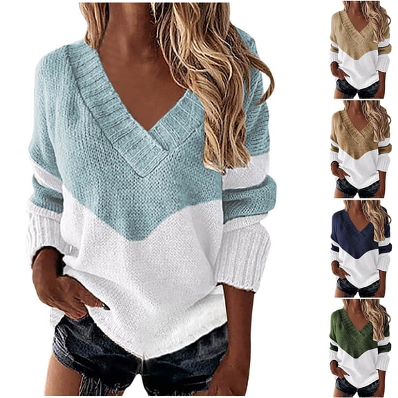 Olyvenn Womens Loose Sweaters Sexy V Neck Long Sleeve Solid Knitted Jumper Pullover Sweatshirt Tops Loose Fit Fuzzy Knit Pullover Sweater Army Green S
