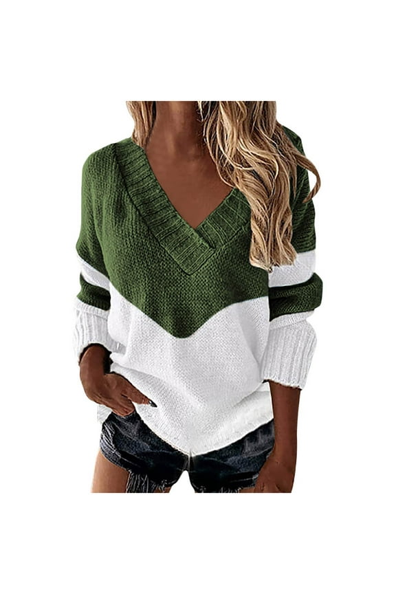 Womens Loose Sweaters Sexy V Neck Long Sleeve Solid Knitted Jumper Pullover Sweatshirt Tops Loose Fit Fuzzy Knit Pullover Sweater Army Green L