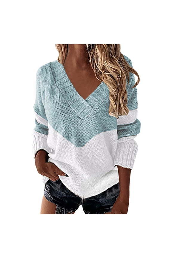 Womens Loose Sweaters Sexy V Neck Long Sleeve Solid Knitted Jumper Pullover Sweatshirt Tops Loose Fit Fuzzy Knit Pullover Sweater Blue M