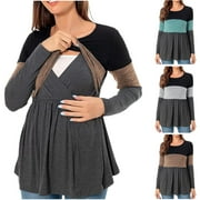 OLYVENN Womens Maternity Nursing Tops Casual Trendy Loose Color Block Pregnancy Shirt Soft Comfy Loose Breastfeeding Blouse Green 8