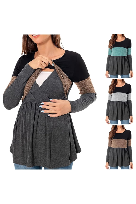 Womens Maternity Nursing Tops Casual Trendy Loose Color Block Pregnancy Shirt Soft Comfy Loose Breastfeeding Blouse Green 8