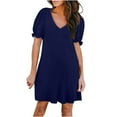 thumbnail image 1 of Olyvenn Womens Mini Casual Beach Dress Elegant Solid Sundress Fashion Comfy Loose Fit Vacation Relaxed Smocked Trendy Summer Ruffled Puff Short Sleeve Prom Dresses for Women 2024 Spring Dark Blue 10, 1 of 7