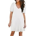 thumbnail image 1 of Olyvenn Womens Mini Casual Beach Dress Elegant Solid Sundress Fashion Comfy Loose Fit Vacation Relaxed Smocked Trendy Summer Ruffled Puff Short Sleeve Prom Dresses for Women 2024 Spring White 10, 1 of 7