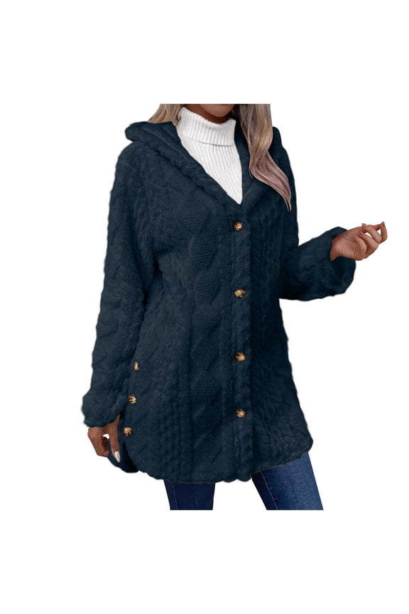 Womens Notch Collar Cable Textured Button Front Hooded Coat, Mid Long Elastic Cuff Side Pockets Relaxed Fit for City Stroll Coffee Meetups Dark Blue S