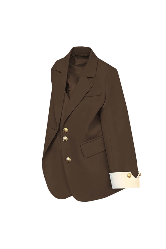 Womens Notch Lapel Contrast Cuff Three Quarter Double Breasted Short Blazer, Dual Side Pockets Straight Fit for Office Visits Formal Lunches Coffee S