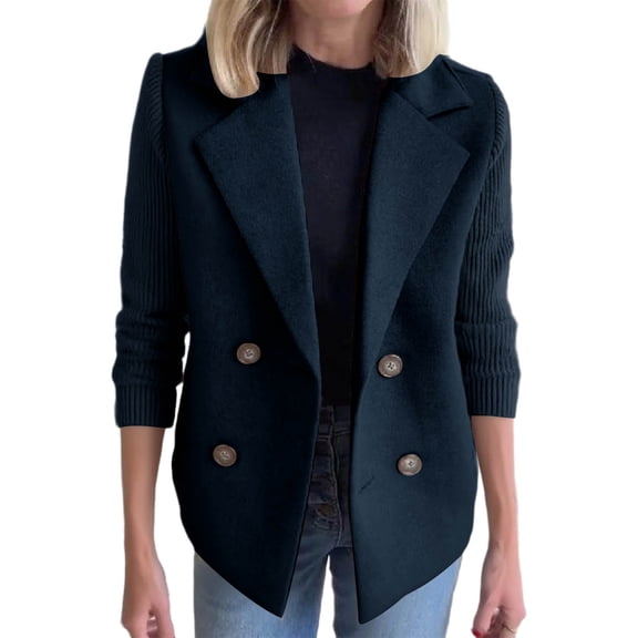 Olyvenn Womens Notch Lapel Double Breasted Ribbed Three Quarter Sleeve Short Blazer, Dual Side Pockets Slim Silhouette for Daily Commute Downtown Trips Navy M