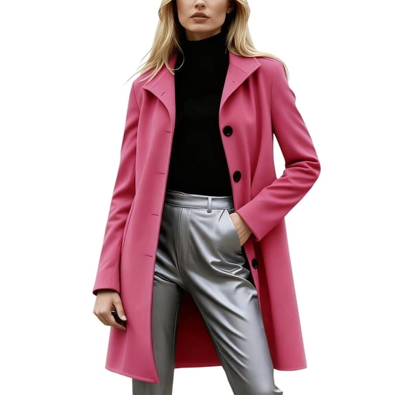 Olyvenn Womens Notch Lapel Single Button Long Straight Minimalist Formal Coat, Full Length Side Patch Pockets Loose Fit for Business Trips Downtown Events Hot Pink S