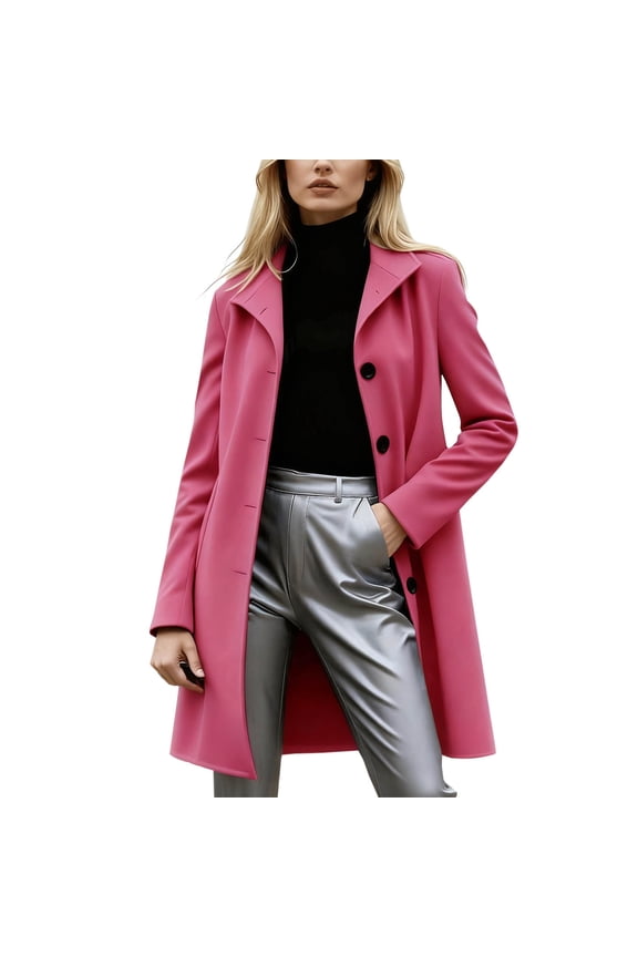 Womens Notch Lapel Single Button Long Straight Minimalist Formal Coat, Full Length Side Patch Pockets Loose Fit for Business Trips Downtown Events Hot Pink S
