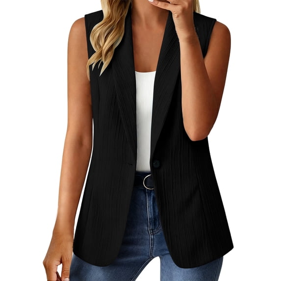 Olyvenn Womens Notch Lapel Single Button Sleeveless Blazer Vest, Mid Length Straight Cut Side Hand Pockets Tailored Fit Black S