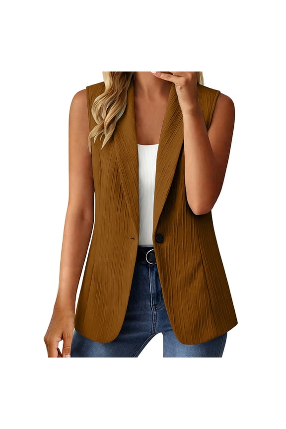Womens Notch Lapel Single Button Sleeveless Blazer Vest, Mid Length Straight Cut Side Hand Pockets Tailored Fit Coffee S