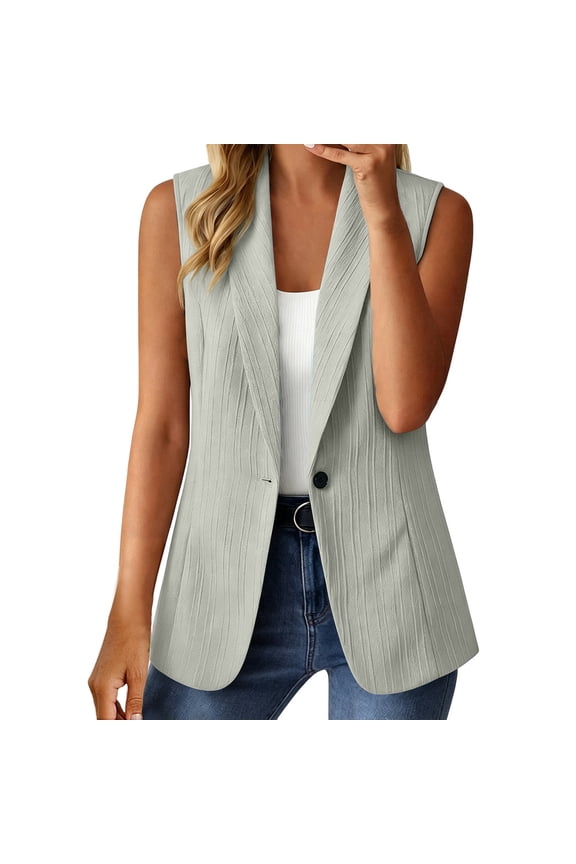 Womens Notch Lapel Single Button Sleeveless Blazer Vest, Mid Length Straight Cut Side Hand Pockets Tailored Fit Gray S