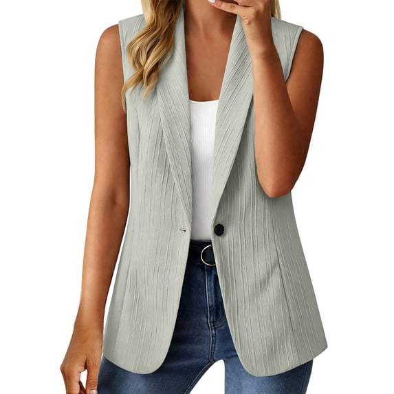 Olyvenn Womens Notch Lapel Single Button Sleeveless Blazer Vest, Mid Length Straight Cut Side Hand Pockets Tailored Fit Gray XXL