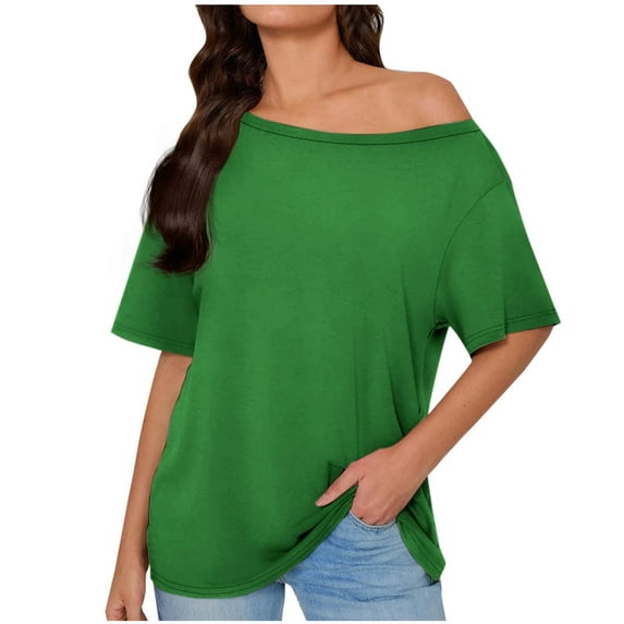 Olyvenn Womens Off One Shoulder Tops Summer Short Sleeve Casual Loose Fit Shirts Fashion Blouse Tee Trendy Going Out Tops Army Green S