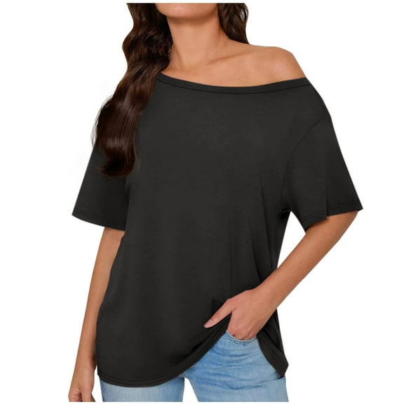Olyvenn Womens Off One Shoulder Tops Summer Short Sleeve Casual Loose Fit Shirts Fashion Blouse Tee Trendy Going Out Tops Black S
