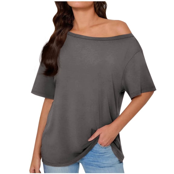 Olyvenn Womens Off One Shoulder Tops Summer Short Sleeve Casual Loose Fit Shirts Fashion Blouse Tee Trendy Going Out Tops Gray M