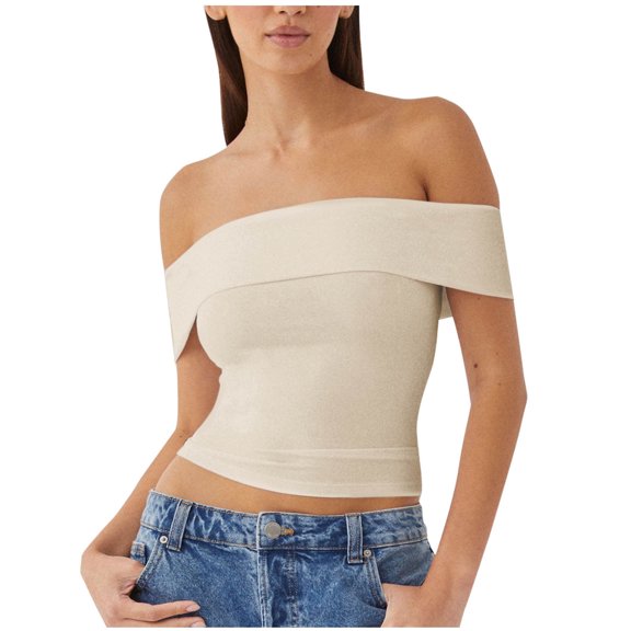 Olyvenn Womens Off The Shoulder Tops Going Out Crop Summer Cute Y2k Shirts Tube Corset Basic Fashion Outfits 2025 Beige XL