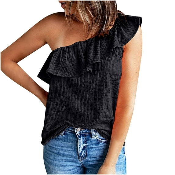 Olyvenn Womens One Shoulder Tops Ruffled Solid Tunic Shirts Summer Fashion Ribbed Sleeveless Loose Tank Top Black M