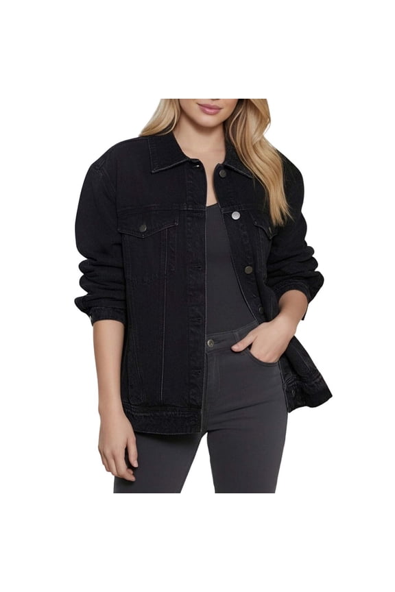 Womens Oversized Denim Jacket Point Lapel Collar Chest Patch Pockets Button Front Straight Hem Relaxed Fit Full Sleeve Black XXL