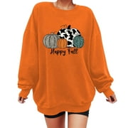 Olyvenn Womens Oversized Fleece Sweatshirts Fashion Winter Warm Crewneck Fall Tops Relaxed Comfy Loose Fit Casual Blouse Drop Shoulder Long Sleeve Pullover Funny Happy Fall Print Tees Orange 4