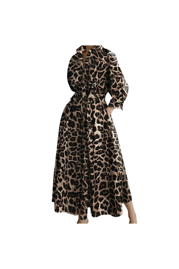 Womens Oversized Loose Hem Dress Ankle Shirt Dress Leopard Graphic House Dress Lapel V Neck Blouse Work Office Bandage High Waist Smocked Wide Long Sleeve Prom Dress Fashion Khaki 10