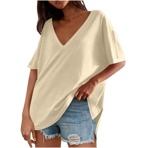 Olyvenn Womens Oversized Tshirts Deep V Neck Drop Shoulder Short Sleeve Tops Summer Casual Loose Fit Tunic Tee Shirt Beige S