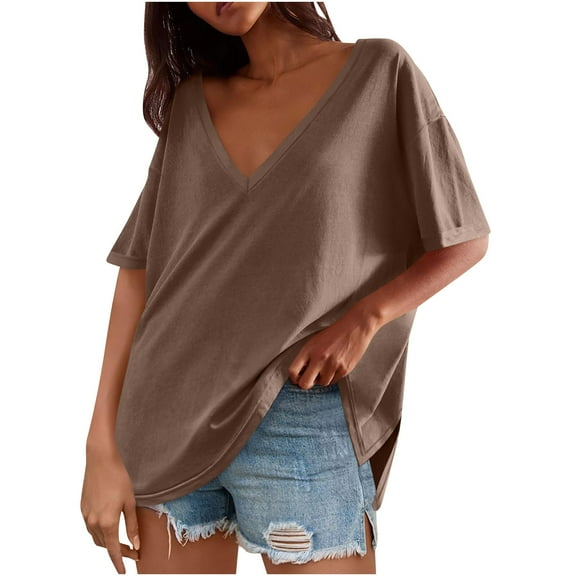 Olyvenn Womens Oversized Tshirts Deep V Neck Drop Shoulder Short Sleeve Tops Summer Casual Loose Fit Tunic Tee Shirt Coffee XXL