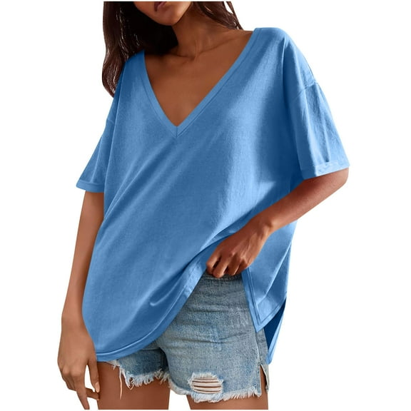 Olyvenn Womens Oversized Tshirts Deep V Neck Drop Shoulder Short Sleeve Tops Summer Casual Loose Fit Tunic Tee Shirt Light Blue XL