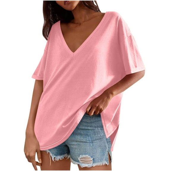 Olyvenn Womens Oversized Tshirts Deep V Neck Drop Shoulder Short Sleeve Tops Summer Casual Loose Fit Tunic Tee Shirt Pink S