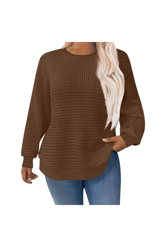 Womens Oversized Waffle Knit Sweatshirts Loose Casual Spring Fashion Long Sleeve Crewneck Pullover Tops Brown XL
