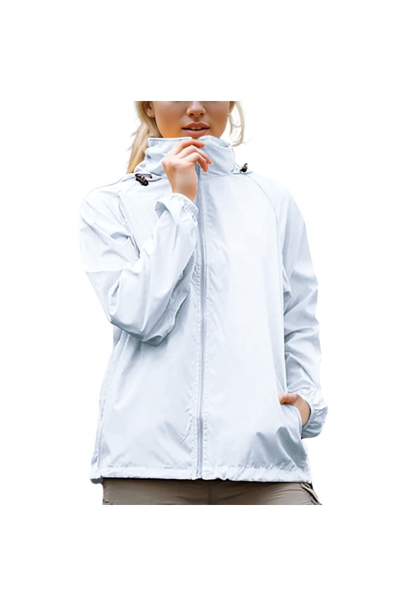 Womens Packable Drawstring Collar Rain Jacket Full Zip Side Hand Pockets Relaxed Short Fit for Cycling Mountain Hike White XXL