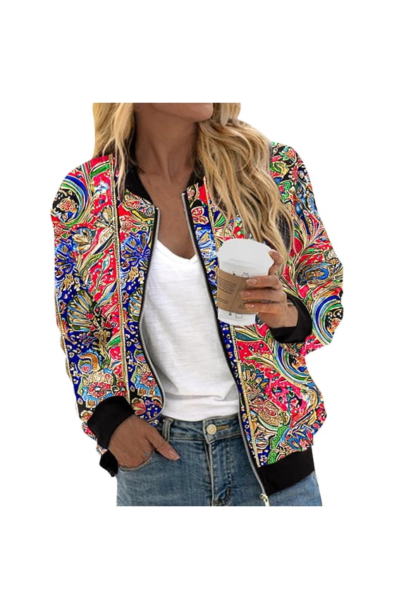 Womens All Over Paisley Print Bomber Jacket Ribbed Cuff & Hem Full Zip Front Side Slip Pockets Regular Fit for Holiday Outing Festival Hangout Red S