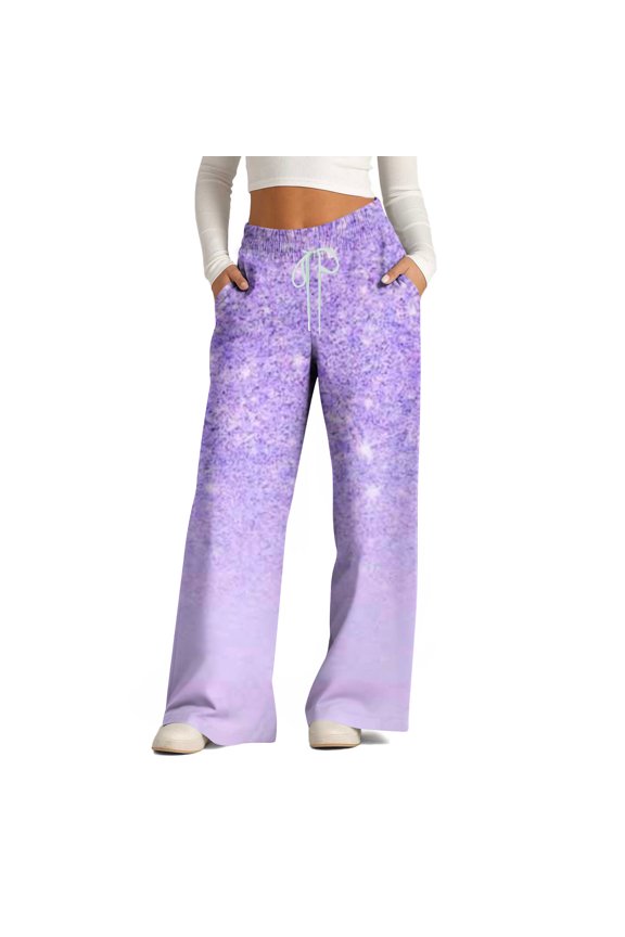 Womens Pants Tie Dye Print Ruched High Cut Striped Flare Wide Leg Long Boot Cut Leg Spring Summer 2025 Purple 10