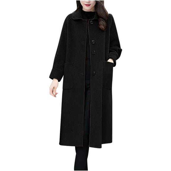 Olyvenn Womens Pea Coat Plus Size Wool Coat Long Winter Coat Elegant Dress Coat Office Work Jacket Business Casual Coats Black M
