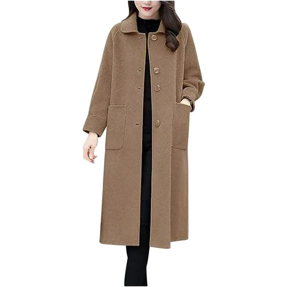 Olyvenn Womens Pea Coat Plus Size Wool Coat Long Winter Coat Elegant Dress Coat Office Work Jacket Business Casual Coats Khaki XXL