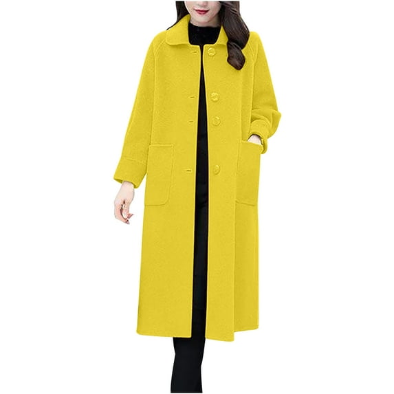Olyvenn Womens Pea Coat Plus Size Wool Coat Long Winter Coat Elegant Dress Coat Office Work Jacket Business Casual Coats Yellow XL