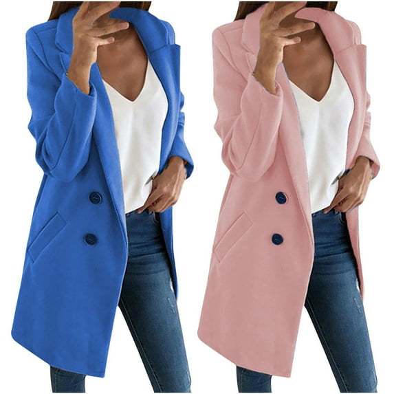 Olyvenn Womens Peacoat Elegant Solid Color Slim Fit Business Fashion Lapel Collar Womens Suit Mid Length Buttons Jackets with Pockets Casual Set Long Sleeve Jackets Pink 4