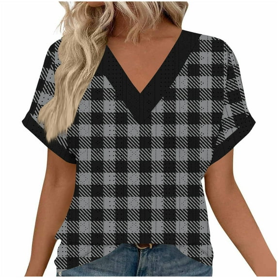 Olyvenn Womens Plaid Graphic Tops Cap Sleeves V-Neck Hollow Out Tunic Eyelet Top Tees Fashion Loose Comfy Basic T-Shirts 2025 Outfits Black S
