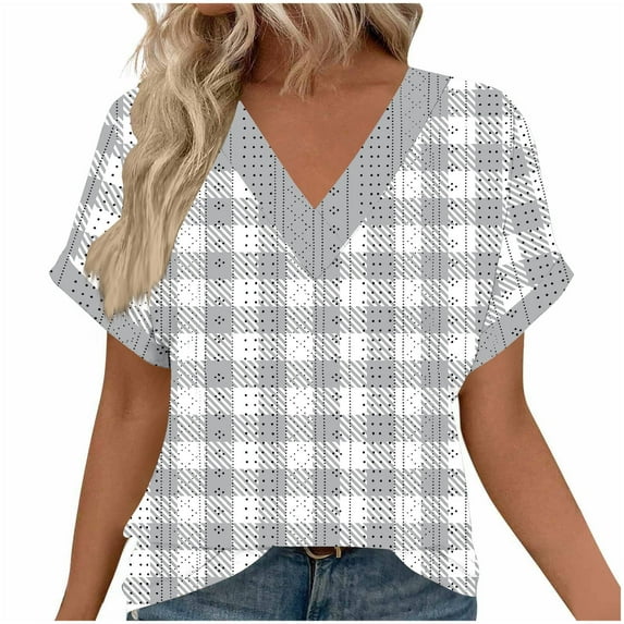 Olyvenn Womens Plaid Graphic Tops Cap Sleeves V-Neck Hollow Out Tunic Eyelet Top Tees Fashion Loose Comfy Basic T-Shirts 2025 Outfits Gray L