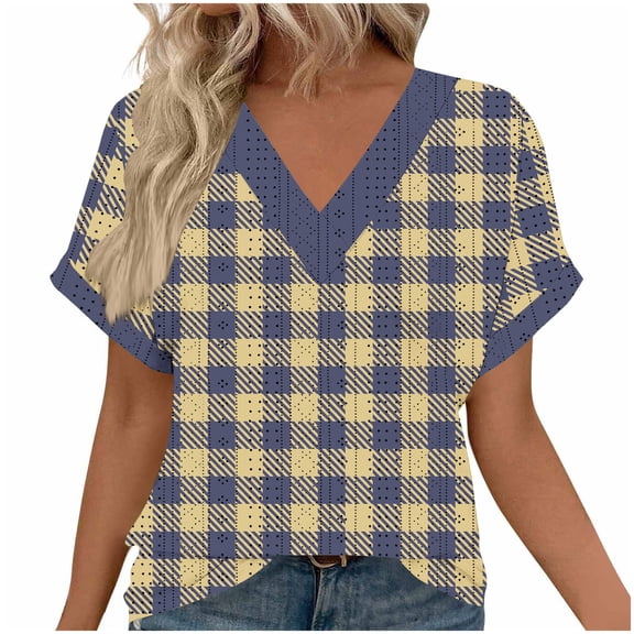 Olyvenn Womens Plaid Graphic Tops Cap Sleeves V-Neck Hollow Out Tunic Eyelet Top Tees Fashion Loose Comfy Basic T-Shirts 2025 Outfits Khaki S