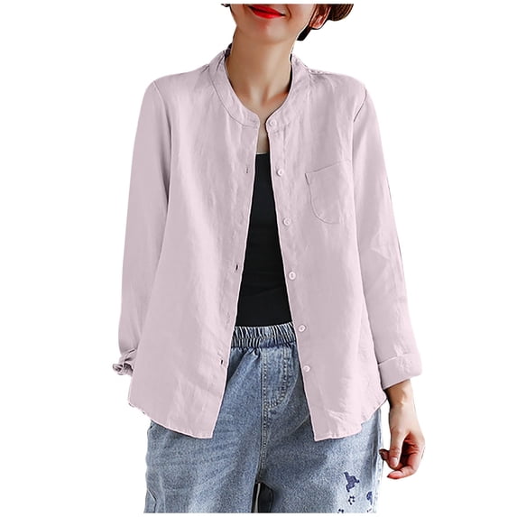 Olyvenn Womens Plain Cotton Linen Shirt Summer Casual Collarless Blouses Button Down Tops Solid Color Long Sleeve Shirts 2025 Pink XXXL